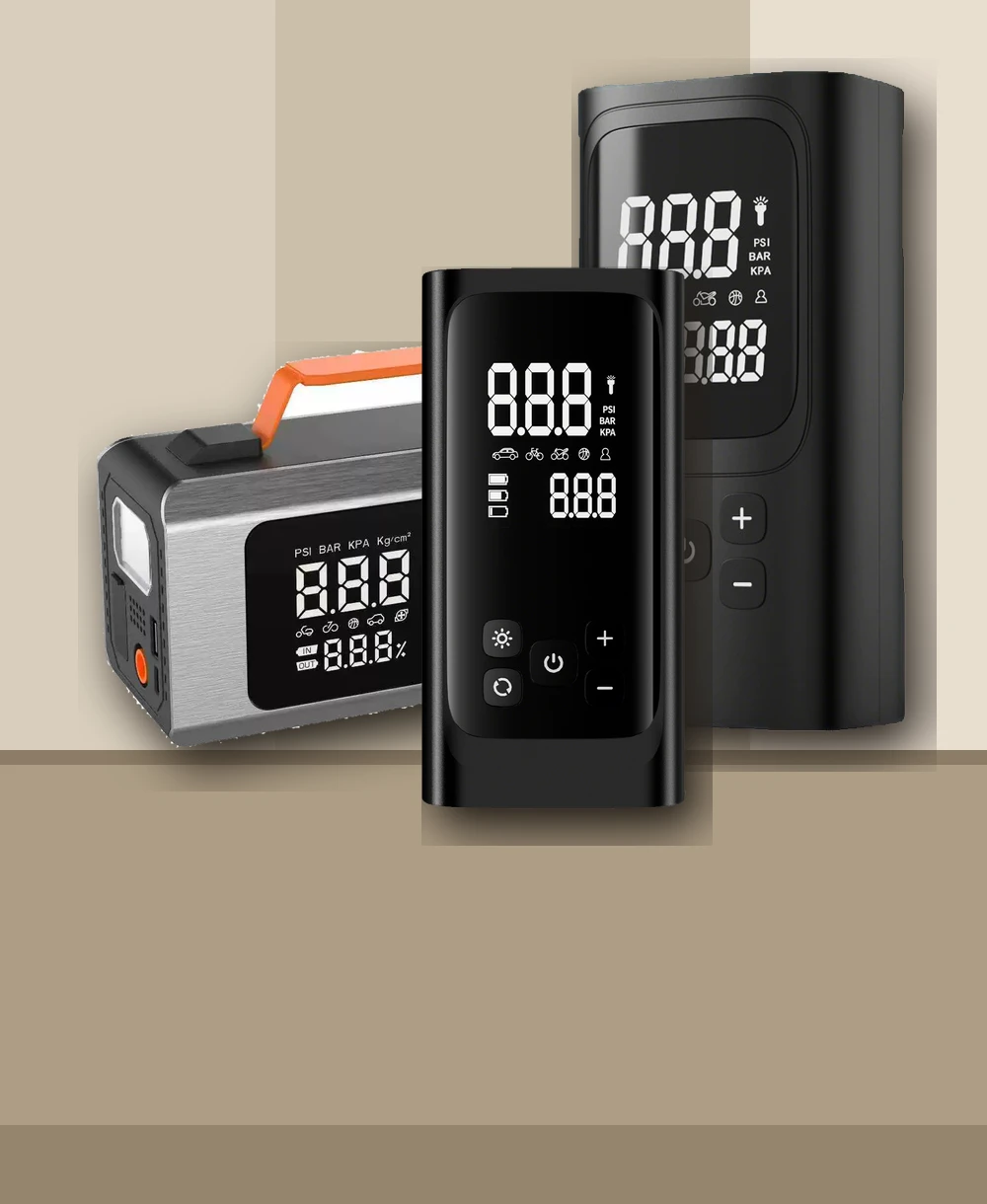 Portable jump starters, tire inflators and an all-in-one roadside power station